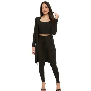 NWOT‎ Ribbed Knit 3 Piece Set Black Duster Crop Top Pants Lounge Set